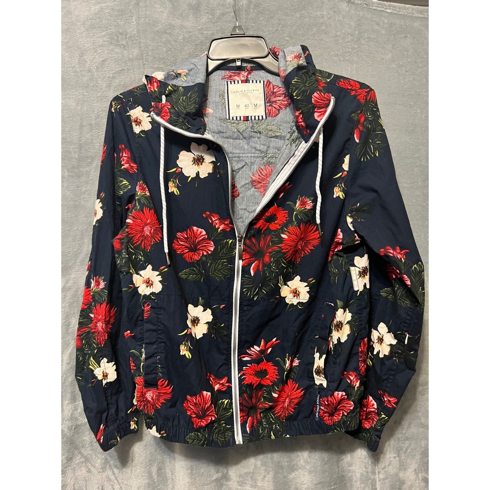 Denim & Flower Ricky Singh Floral Jacket M Cotton Tropical Coastal Windbreaker